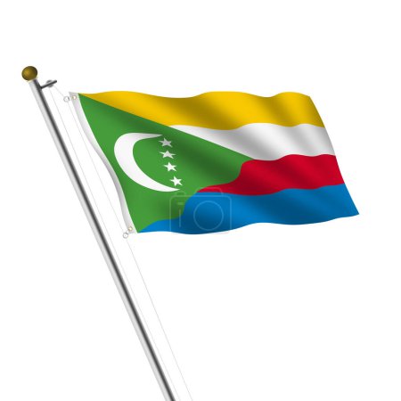 A Comoros Flagpole 3d illustration on white with clipping path