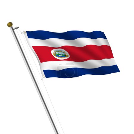 A Costa Rica Flagpole 3d illustration on white with clipping path red white blue stripes