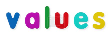 Téléchargez les photos : Un mot de valeurs en lettres magnétiques colorées sur blanc avec chemin de coupure pour enlever l'ombre - en image libre de droit