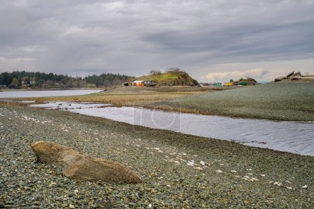Photo for Shack Island, a local Nanaimo landmark near Pipers Lagoon during a very low tide that exposes rocks and wild oyster beds. - Royalty Free Image