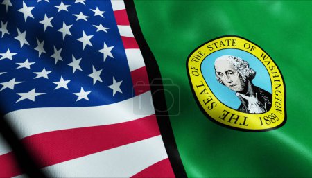 3D Waving Washington and USA Merged Flag Closeup View