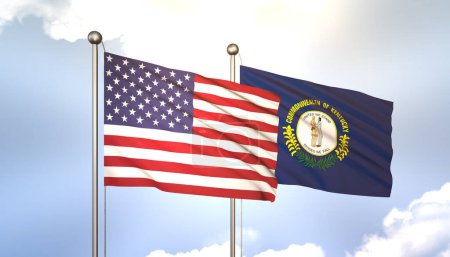 Photo pour 3D ondulant le Kentucky et les États-Unis sur Flagpole sur Blue Sky avec Sun Shine - image libre de droit