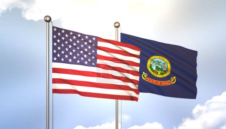 Téléchargez les photos : 3D ondulant l'Idaho et les Etats-Unis sur Flagpole sur Blue Sky avec Sun Shine - en image libre de droit