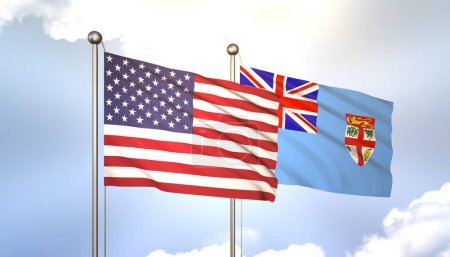 Foto de 3D ondeando Fiji y EE.UU. en el asta de la bandera en el cielo azul con sol brillo - Imagen libre de derechos