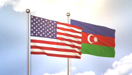 Photo pour 3D Agitant l'Azerbaïdjan et les Etats-Unis sur Flagpole sur Blue Sky avec Sun Shine - image libre de droit
