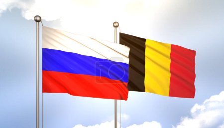 3D Waving Russia and Belgium Flags on Blue Sky with Sun Shine