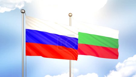 3D Waving Russia and Bulgaria Flags on Blue Sky with Sun Shine