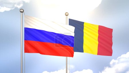 3D Waving Russia and Chad Flags on Blue Sky with Sun Shine