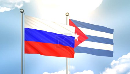 3D Waving Russia and Cuba Flags on Blue Sky with Sun Shine