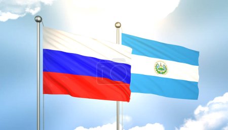 3D Waving Russia and El Salvador Flags on Blue Sky with Sun Shine