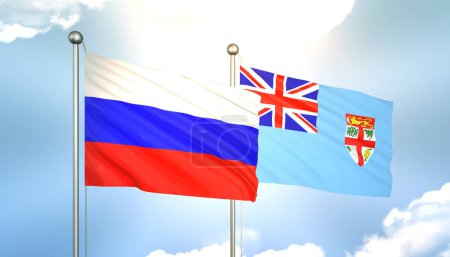 3D Waving Russia and Fiji Flags on Blue Sky with Sun Shine