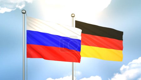 3D Waving Russia and Germany Flags on Blue Sky with Sun Shine