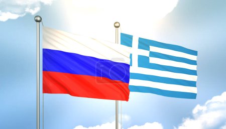 3D wehende russische und griechische Flaggen am blauen Himmel mit Sonnenschein