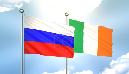 3D ondeando banderas de Rusia e Irlanda en el cielo azul con sol brillan