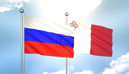 3D wehende russische und maltesische Flaggen am blauen Himmel mit Sonnenschein
