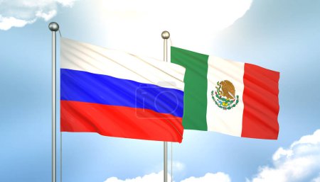 3D Waving Russia and Mexico Flags on Blue Sky with Sun Shine