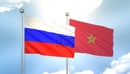 3D Waving Russia and Morocco Flags on Blue Sky with Sun Shine
