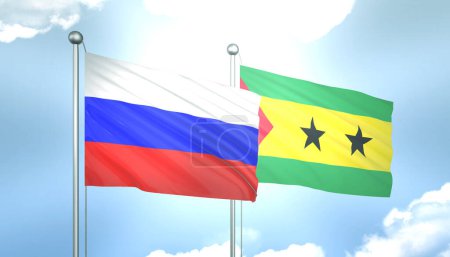 3D Waving Russia and Sao Tome Flags on Blue Sky with Sun Shine