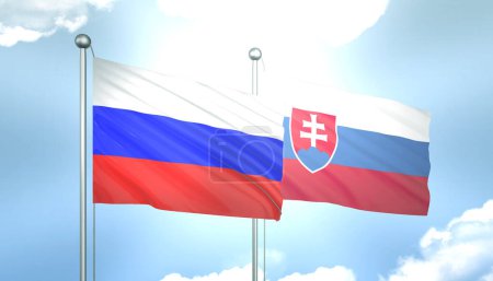 3D wehende russische und slowakische Flaggen am blauen Himmel mit Sonnenschein