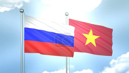 3D Waving Russia and Vietnam Flags on Blue Sky with Sun Shine