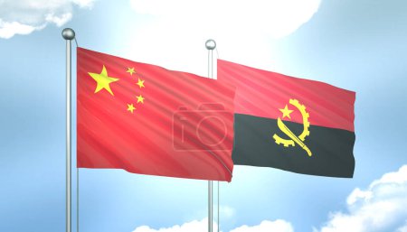 3D Flag of China and Angola on Blue Sky with Sun Shine