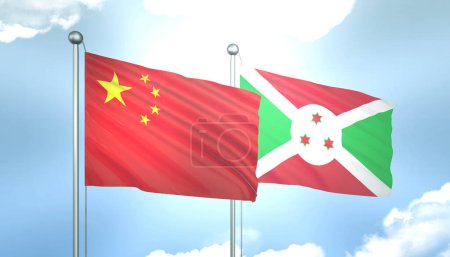 3D-Flagge von China und Burundi am blauen Himmel mit Sonnenschein