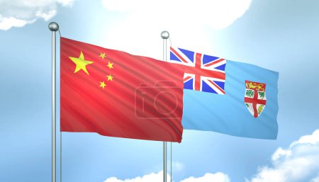 Foto de Bandera 3D de China y Fiji en el Cielo Azul con Sol Brillante - Imagen libre de derechos