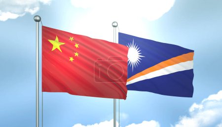 3D-Flagge von China und Marshallinseln am blauen Himmel mit Sonnenschein