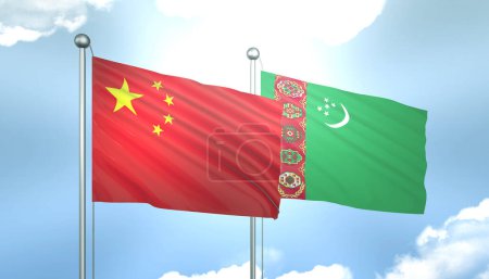 Téléchargez les photos : Drapeau 3D de la Chine et du Turkménistan sur ciel bleu avec soleil brillant - en image libre de droit