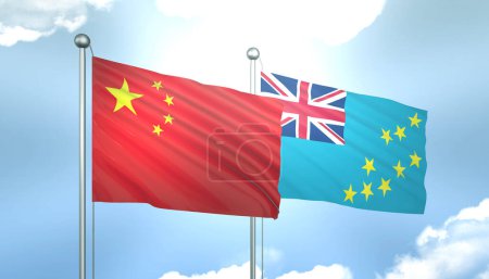 3D Flag of China and Tuvalu on Blue Sky with Sun Shine