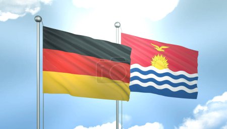 3D Flag of Germany and Kiribati on Blue Sky with Sun Shine
