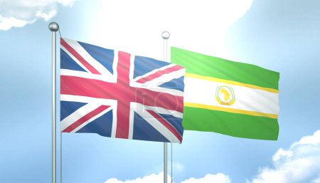 3D Flag of United Kingdom and African Union on Blue Sky with Sun Shine