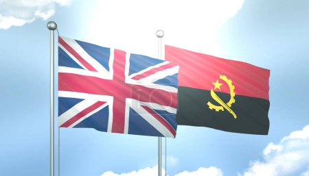 3D Flag of United Kingdom and Angola on Blue Sky with Sun Shine