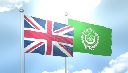 3D Flag of United Kingdom and Arab League  on Blue Sky with Sun Shine