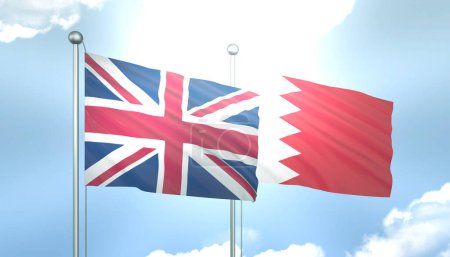 3D Flagge von Großbritannien und Bahrain auf blauem Himmel mit Sonnenschein