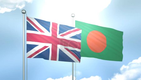 3D Flag of United Kingdom and Bangladesh on Blue Sky with Sun Shine