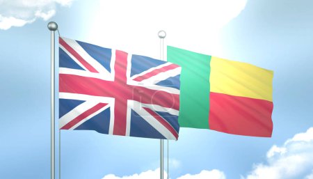3D Flag of United Kingdom and Benin on Blue Sky with Sun Shine