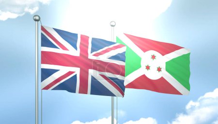 3D Flag of United Kingdom and Burundi on Blue Sky with Sun Shine