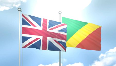 3D Flag of United Kingdom and Congo republic on Blue Sky with Sun Shine