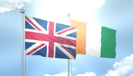 3D Flagge von Großbritannien und der Elfenbeinküste auf blauem Himmel mit Sonnenschein