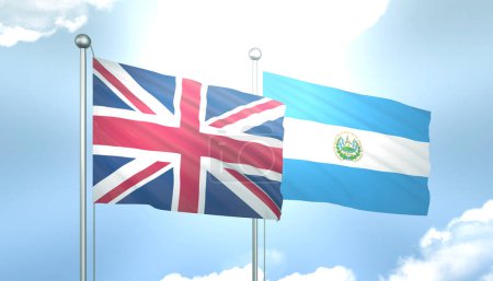 3D Flag of United Kingdom and El Salvador on Blue Sky with Sun Shine