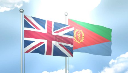 3D Flag of United Kingdom and Eritrea on Blue Sky with Sun Shine