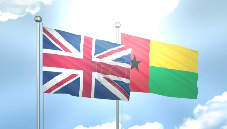 3D Flagge von Großbritannien und Guinea Bissau auf blauem Himmel mit Sonnenschein