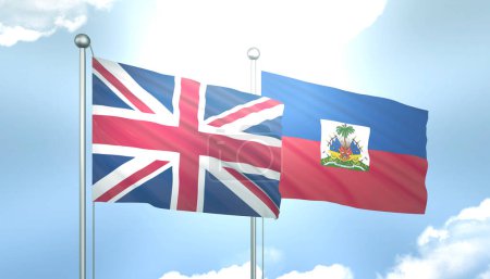 3D Flag of United Kingdom and Haiti on Blue Sky with Sun Shine