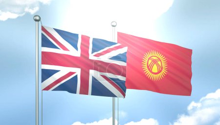 3D Flag of United Kingdom and Kyrgyzstan on Blue Sky with Sun Shine