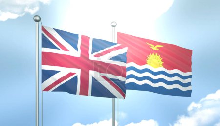 3D Flagge von Großbritannien und Kiribati auf blauem Himmel mit Sonnenschein