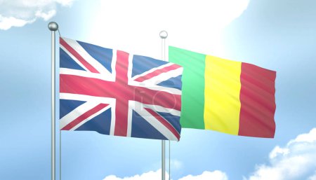 3D Flag of United Kingdom and Mali on Blue Sky with Sun Shine