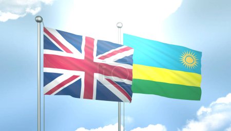 3D Flag of United Kingdom and Rwanda on Blue Sky with Sun Shine