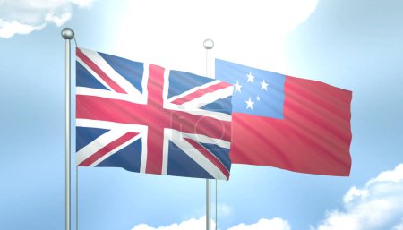 Bandera 3D del Reino Unido y Samoa en Cielo Azul con Sol Brillante