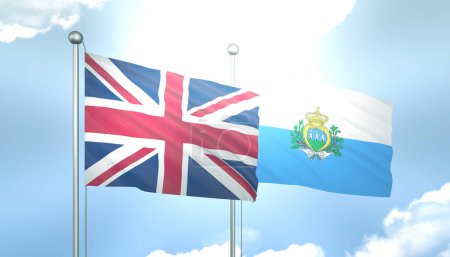 3D Flag of United Kingdom and San Marino on Blue Sky with Sun Shine